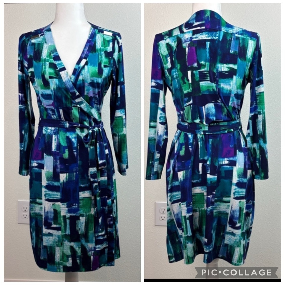 Calvin Klein wrap dress jersey knit dress watercolor brush print long sleeve L